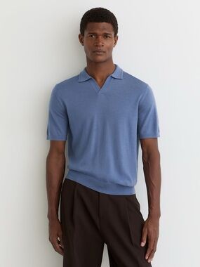 Reiss Duchie Slate Blue 100% Extra Fine Merino Wool Open Collar Knit Polo Large
